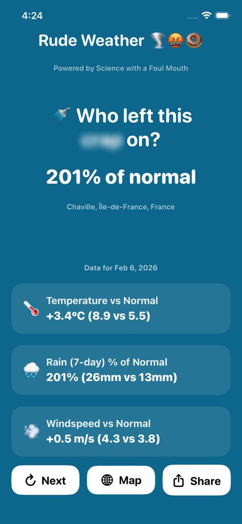 Rude Weather Daily app interface displaying weather departures from normal with satirical commentary