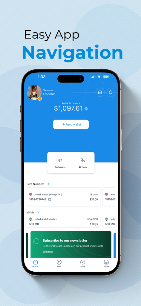 PanelSuite - PanelSuite app home screen showing account balance virtual numbers and eSIM management