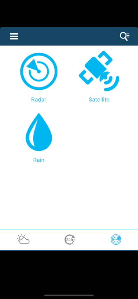 Interface of Weather for Canada app showing options for radar satellite and rain tracking