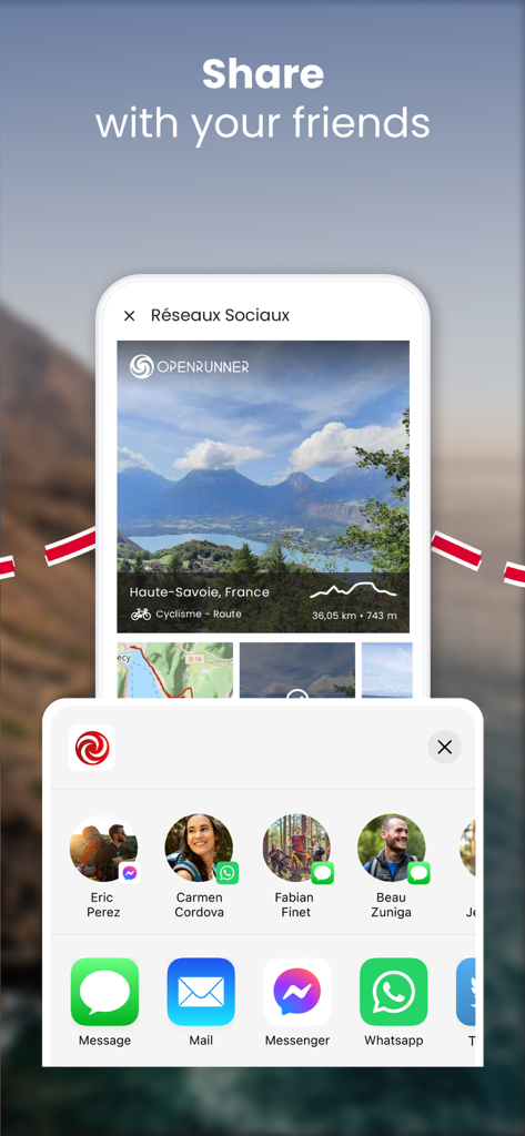 OpenRunner – Bike, hike, trail - Mobile screen showing the OpenRunner app social sharing feature for a cycling route with messaging and social media icons