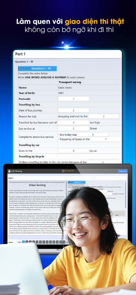 Edmicro IELTS - A Vietnamese student practicing with a realistic IELTS mock test interface on a laptop.