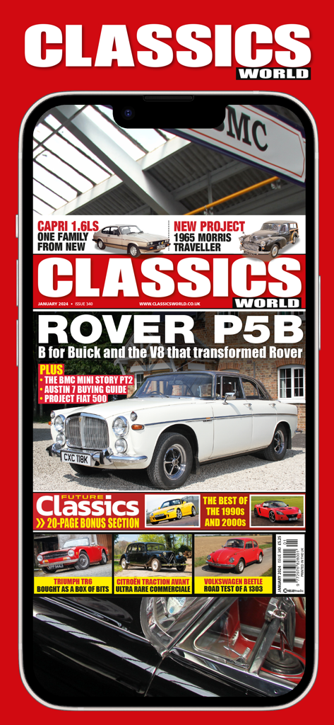 Classics World Magazine - Smartphone screen showing the Classics World Magazine cover featuring a white Rover P5B