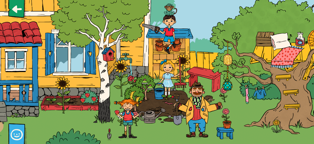 World of Pippi Longstocking - Pippi Longstocking and her friends playing in the colorful garden of Villa Villekulla with a treehouse and sunflowers