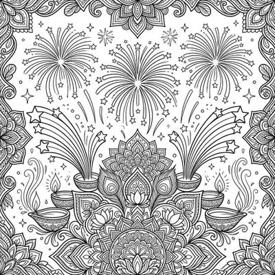 Immerse yourself in the vibrant spirit of Diwali with this stunning coloring page, featuring symmetrical designs, traditional diyas, and explosive fireworks. Unleash your creativity to bring this intricate festival of lights to life with a burst of color.