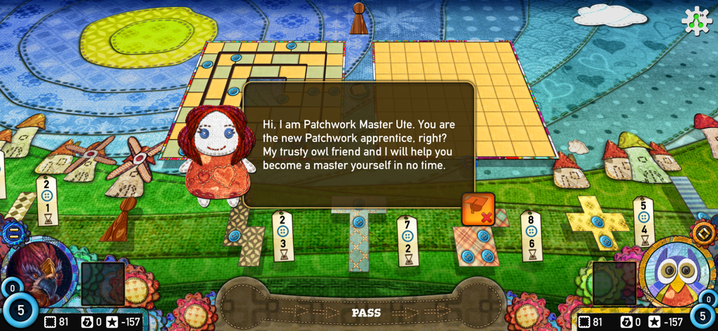 Patchwork The Game - Tutorial screen in Patchwork The Game featuring Patchwork Master Ute and game board