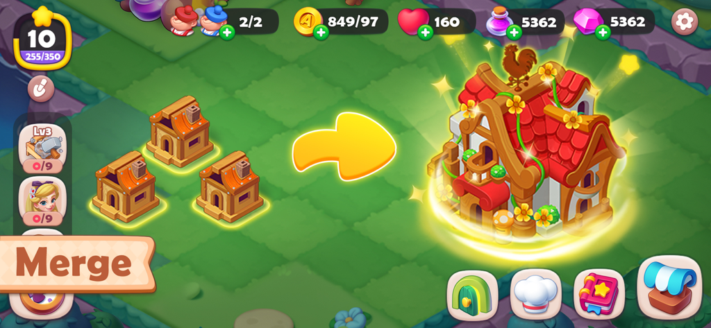 Alice's Mergeland - Three small wooden houses merging into a large ornate cottage with flowers in Alices Mergeland