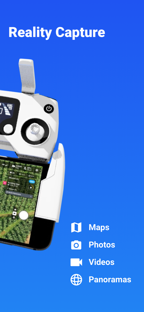 DroneDeploy Flight App - Controle remoto de drone e smartphone exibindo recursos de captura de realidade, incluindo mapas, fotos e vídeos