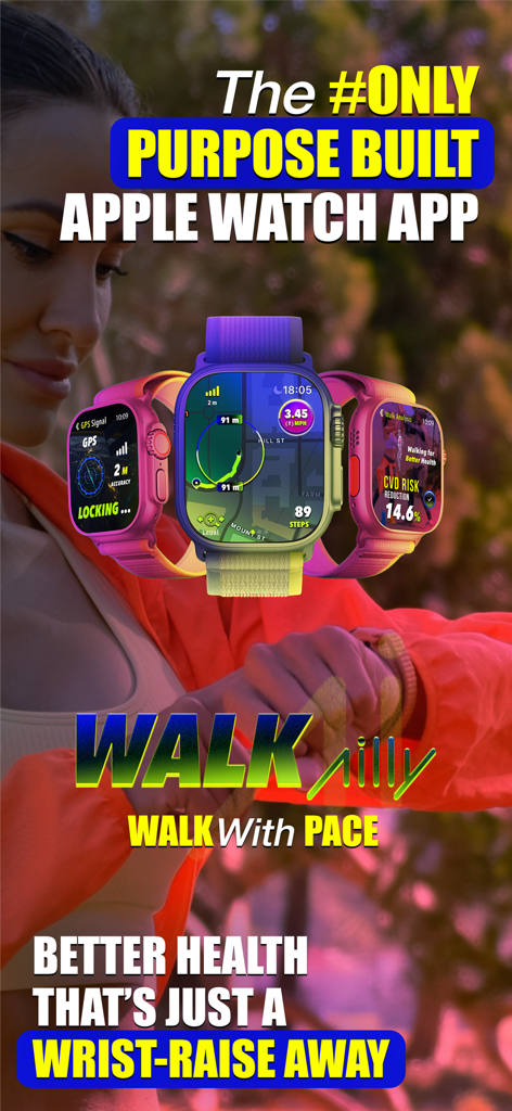 Walk Ailly - 실시간 페이스 및 건강 데이터를 보여주는 Apple Watch의 Walk Ailly 앱 인터페이스.