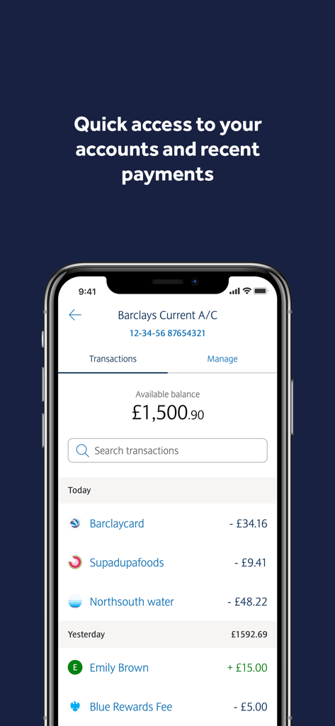 Barclays UK - Barclays UK Mobile Banking App, die den Kontostand und die letzten Transaktionshistorie auf einem iPhone zeigt.