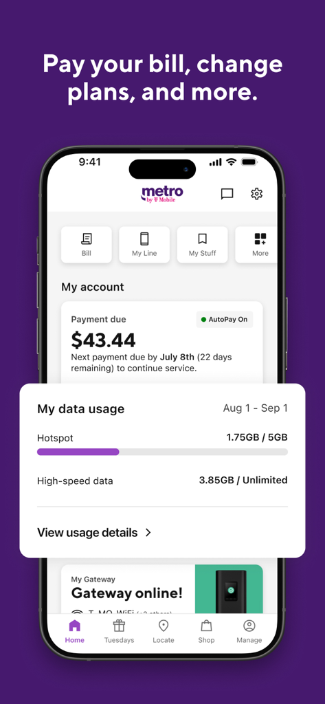 myMetro® - myMetro app account overview displaying bill amount and data usage