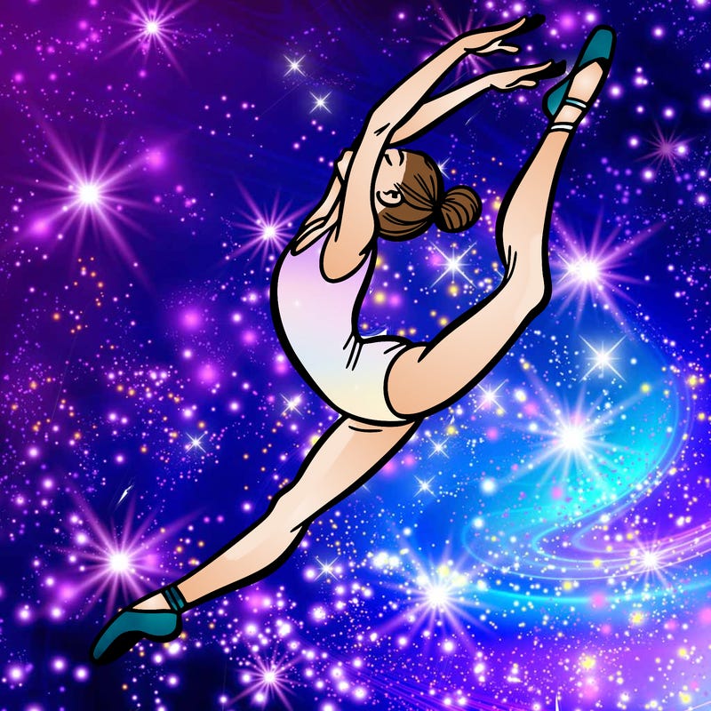 gymnast doing a leap in a leotard with a bent back leg