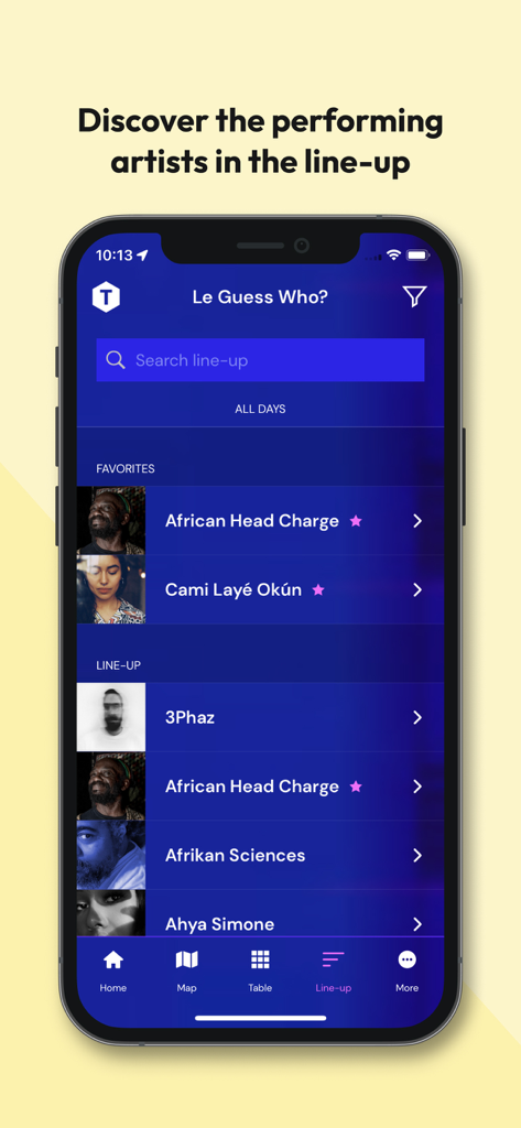 TMSQR - A list of performing artists and favorites in the TMSQR app for a music festival.