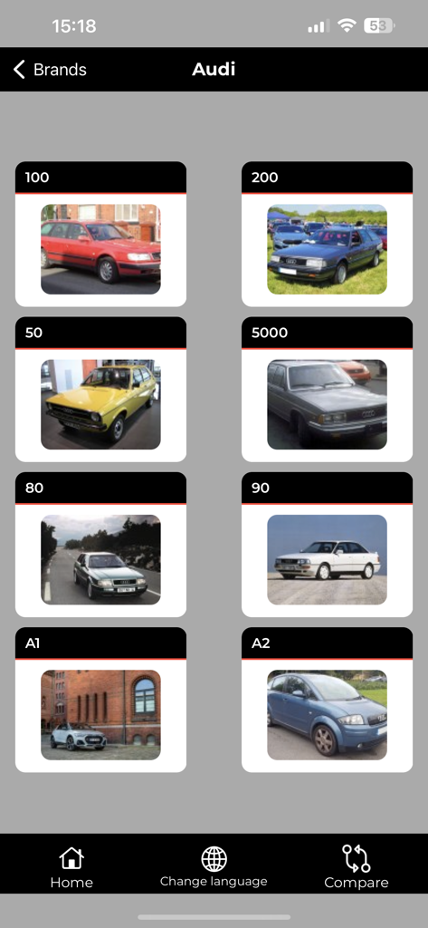 Auto-Data.net mobile App-Oberfläche mit einer Liste von Audi-Automodellen und -generationen.