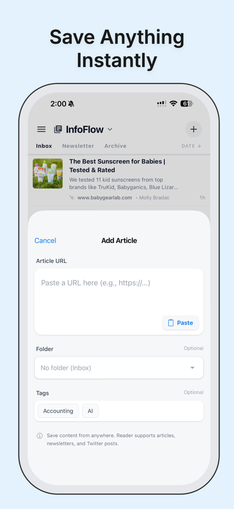 InfoFlow: Pocket Alternative - Interface for adding an article URL with folders and tags in InfoFlow app