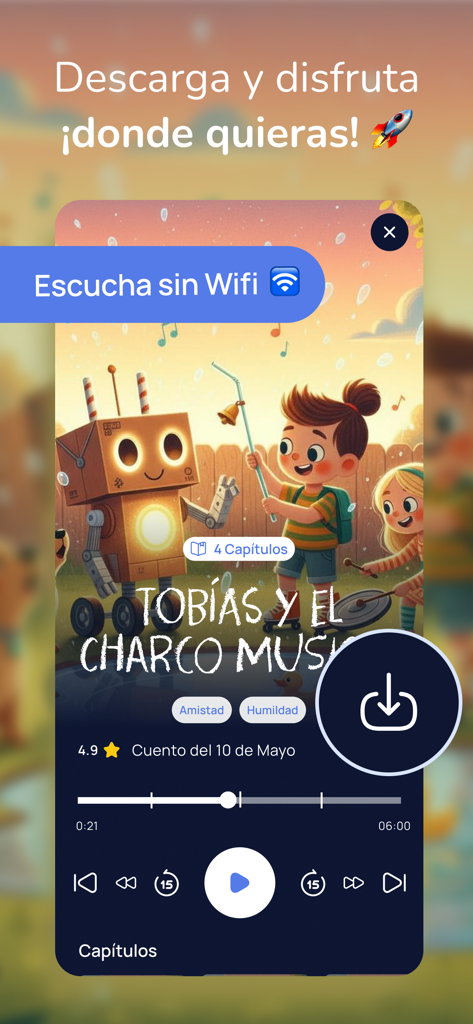 MiniTales: cuentos para peques - Interfaz de la aplicación MiniTales con un reproductor de audio de historias y un botón de descarga para escuchar sin conexión