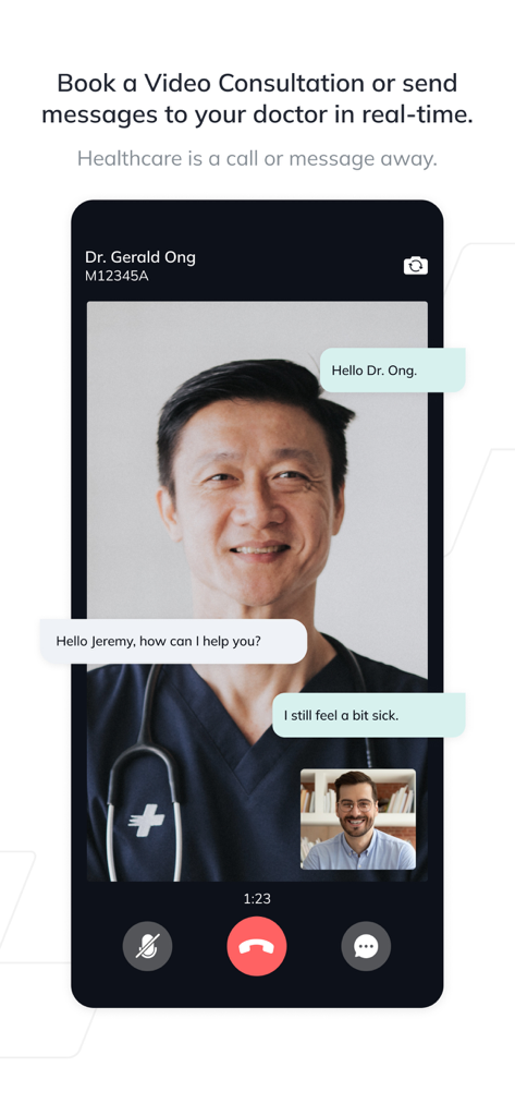 Speedoc: Virtual Hospital - Una pantalla móvil que muestra una consulta por video y chat en tiempo real entre un médico y un paciente en la aplicación Speedoc.