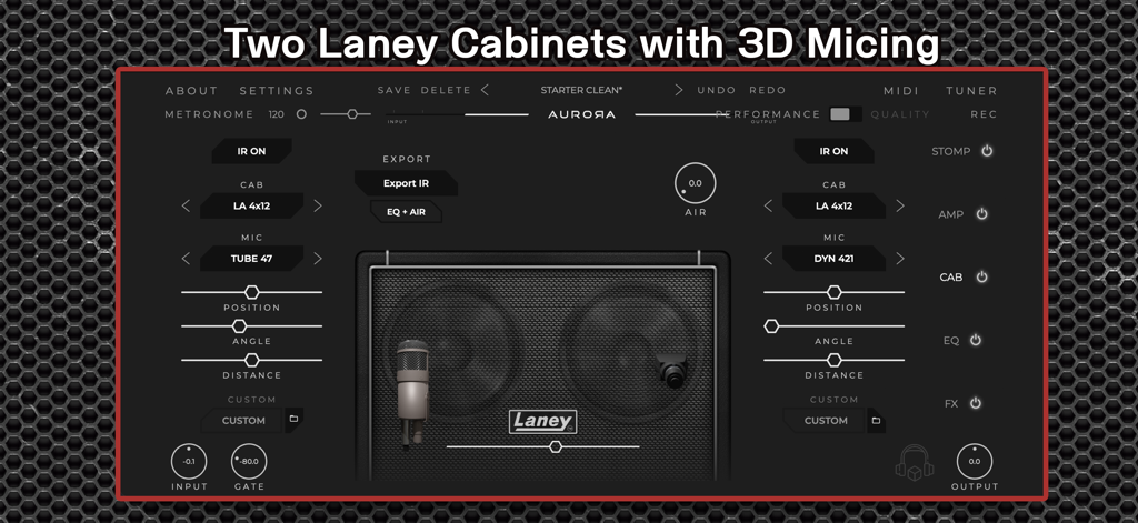 Laney - Ironheart Guitar Amp - Interfaz de la aplicación Laney Ironheart que muestra dos gabinetes de guitarra con colocación de micrófonos 3D y configuraciones de simulación