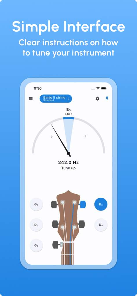 Banjo Tuner - LikeTones - A banjo tuning app interface on an iPhone showing a tuning gauge and a graphic of a banjo headstock with instructions to tune up.