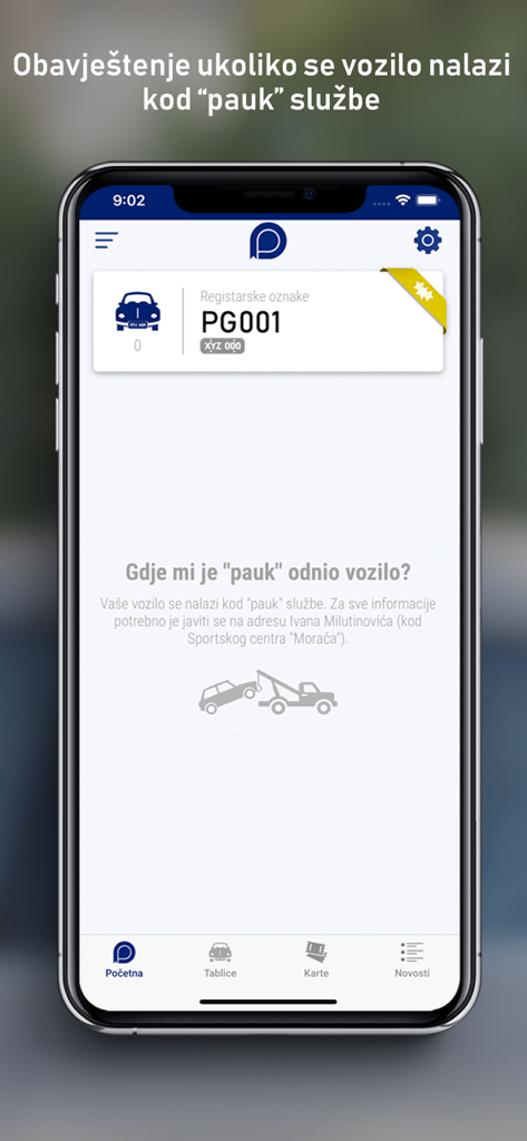 Notification screen in the Parking Servis Podgorica app showing towed vehicle status and service location