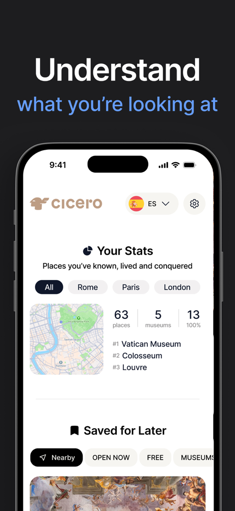 Dashboard utente dell'app di viaggio Cicero che mostra statistiche dei luoghi visitati e delle posizioni salvate