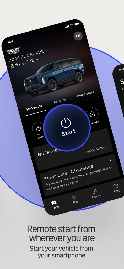 myCadillac - The myCadillac app interface showing remote start and vehicle status for a 2025 Cadillac Escalade on a smartphone