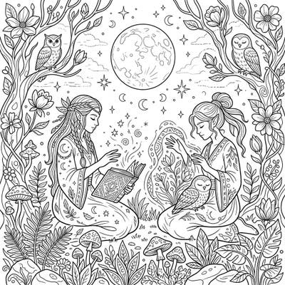 Immerse yourself in the mystical world of Elven Healers as they practice ancient arts under the tranquil night sky. This enchanting coloring page captures the serene magic of nocturnal healing and nature's wisdom.