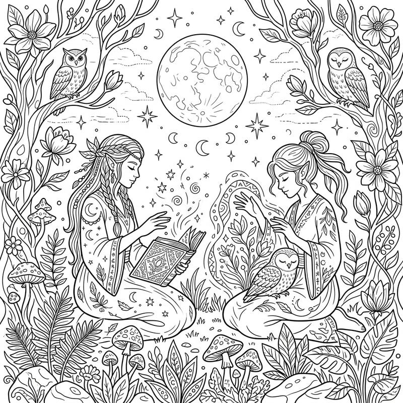 Immerse yourself in the mystical world of Elven Healers as they practice ancient arts under the tranquil night sky. This enchanting coloring page captures the serene magic of nocturnal healing and nature's wisdom.
