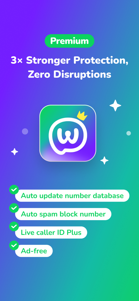 Whoscall Premium screen showing features like auto spam blocking, live caller ID, and ad-free usage.