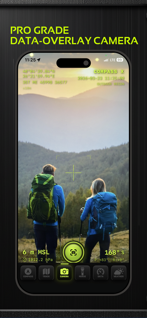 Compass X: GPS Map,Tracker - Cámara profesional de superposición de datos de la aplicación Compass X que incluye coordenadas GPS y datos de altitud en una foto de senderismo