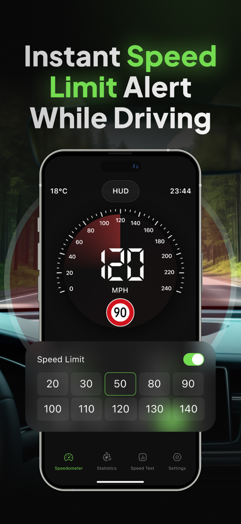 Speedometer: Speed Control. - Smartphone displaying a digital speedometer with an active speed limit alert and customization options