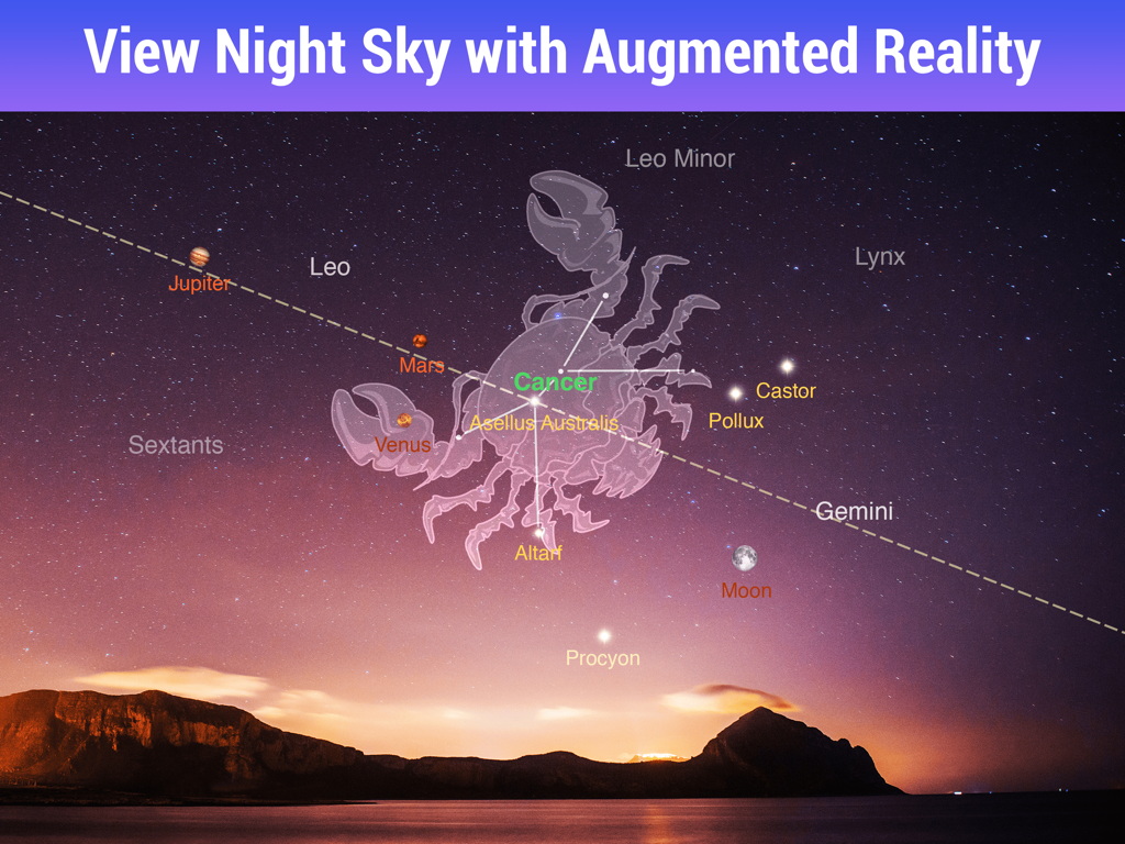 Star Walk HD augmented reality view showing constellations and planets over a night landscape