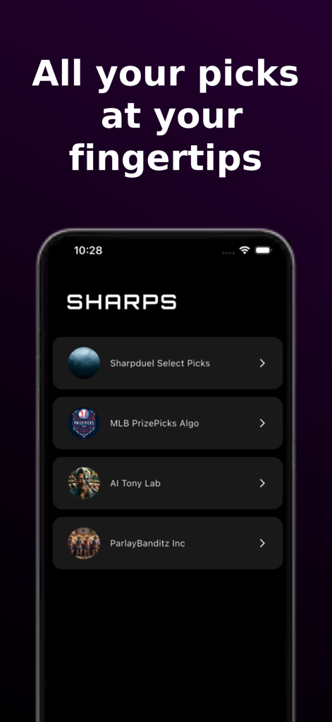 Sharpduel - Sharpduel app dashboard showing sports betting picks from different creators