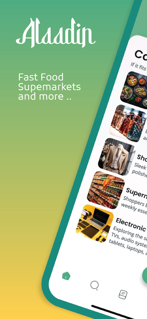 Jaavar Jak - Alaadin app home screen showing various shopping categories like food and electronics