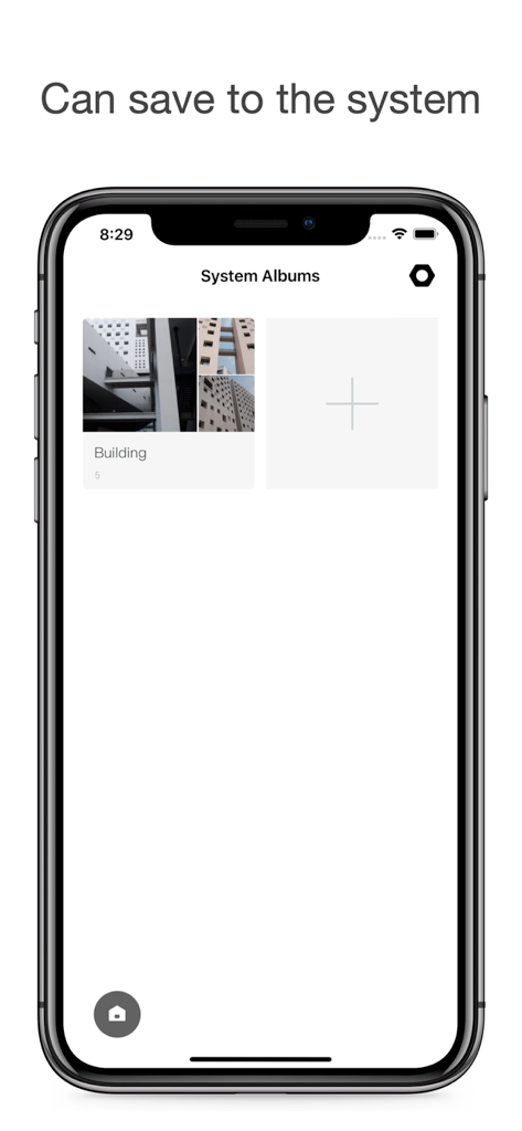 EASY - AI Photo Organizer - EASY AI Photo Organizerアプリのインターフェースが表示されたiPhoneの画面。建物用の分類済みシステムアルバムが含まれています。