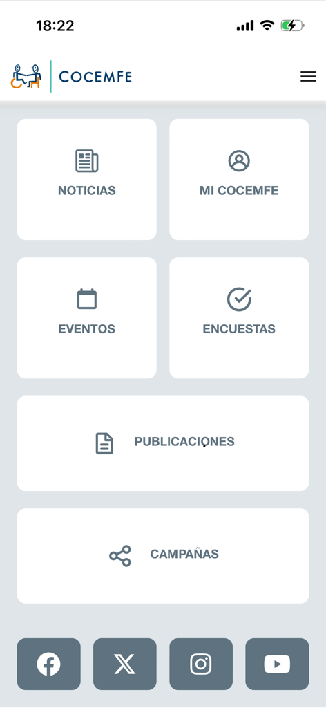 COCEMFE App - Home screen of the COCEMFE app displaying main sections like news, events, publications, and personalized interests.