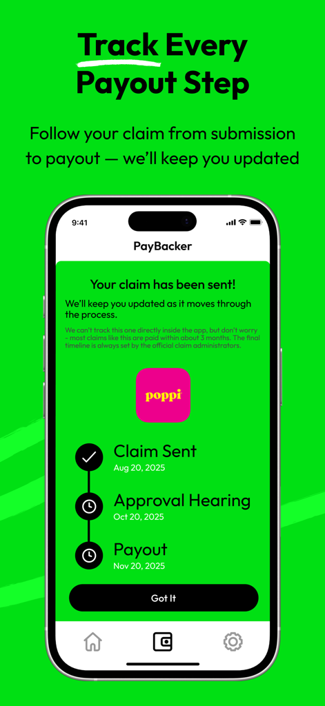 PayBacker: Hidden Payouts - 集団訴訟の請求ステータスのステップを表示するモバイルインターフェース