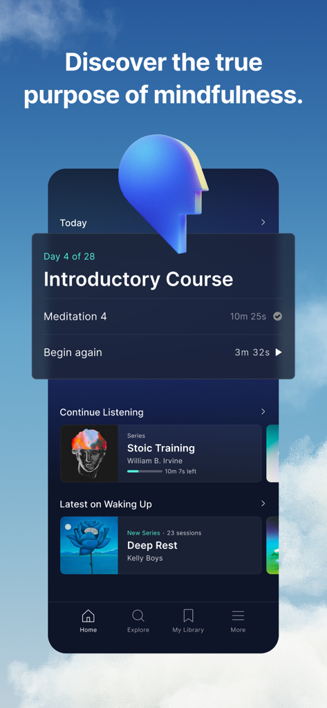 Waking Up: Meditation & Wisdom - Waking Up app home screen showing the introductory mindfulness course and stoic training lessons
