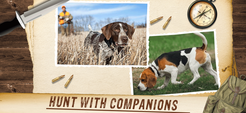 Deer Hunter 2026 Spiel-Promo mit Jagdhunden und Ausrüstung und dem Text "Mit Gefährten jagen"