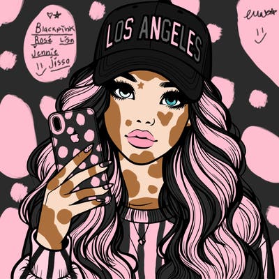 realistic beautiful girl wearing los ángeles cap holding an iphone