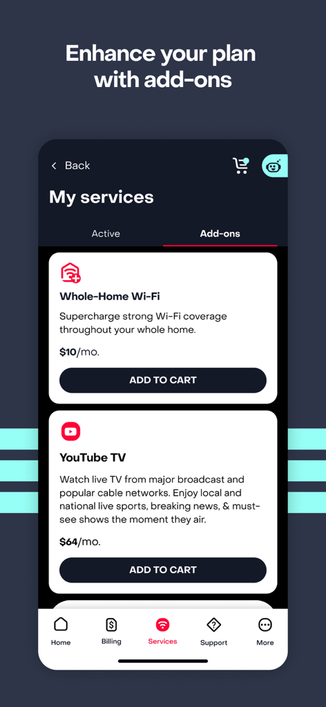 MyFrontier app screen showing available service add-ons including Whole Home Wi-Fi and YouTube TV