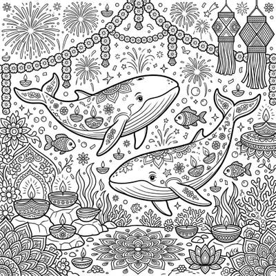 Discover a one-of-a-kind coloring adventure where magnificent Minke whales join the joyous festivities of Diwali. This detailed illustration invites you to bring a vibrant blend of marine wonder and cultural celebration to life with your colors.