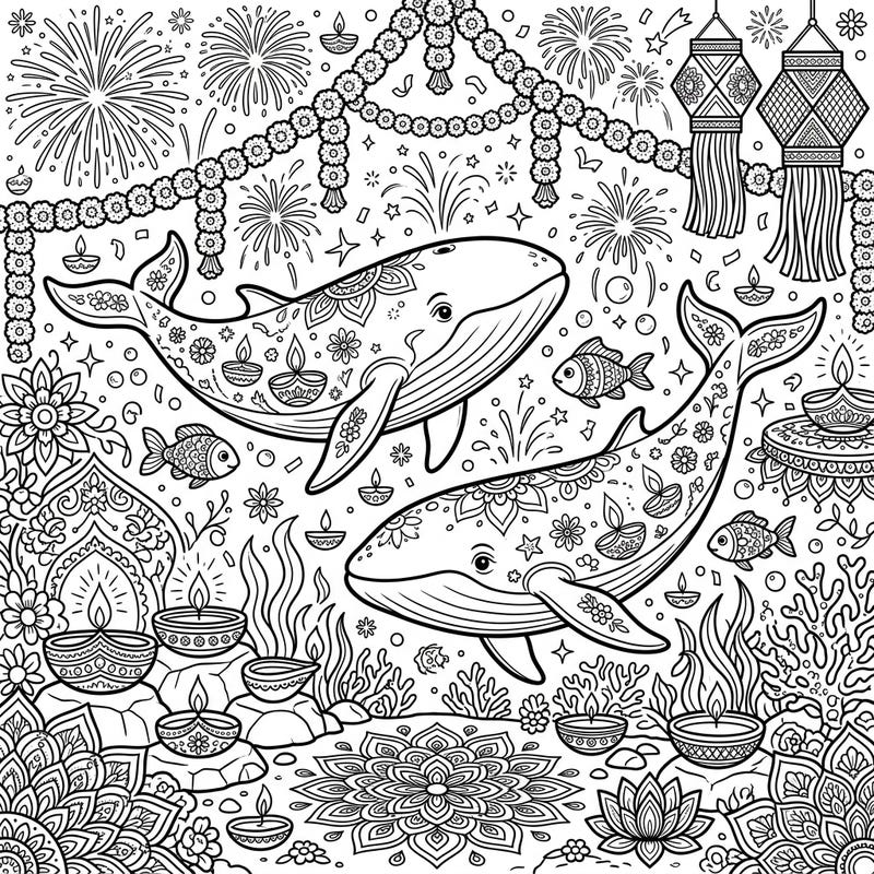 Discover a one-of-a-kind coloring adventure where magnificent Minke whales join the joyous festivities of Diwali. This detailed illustration invites you to bring a vibrant blend of marine wonder and cultural celebration to life with your colors.