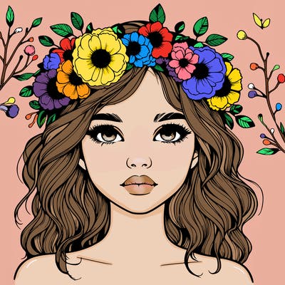 beautiful realistic girl with freckles and a flower crown