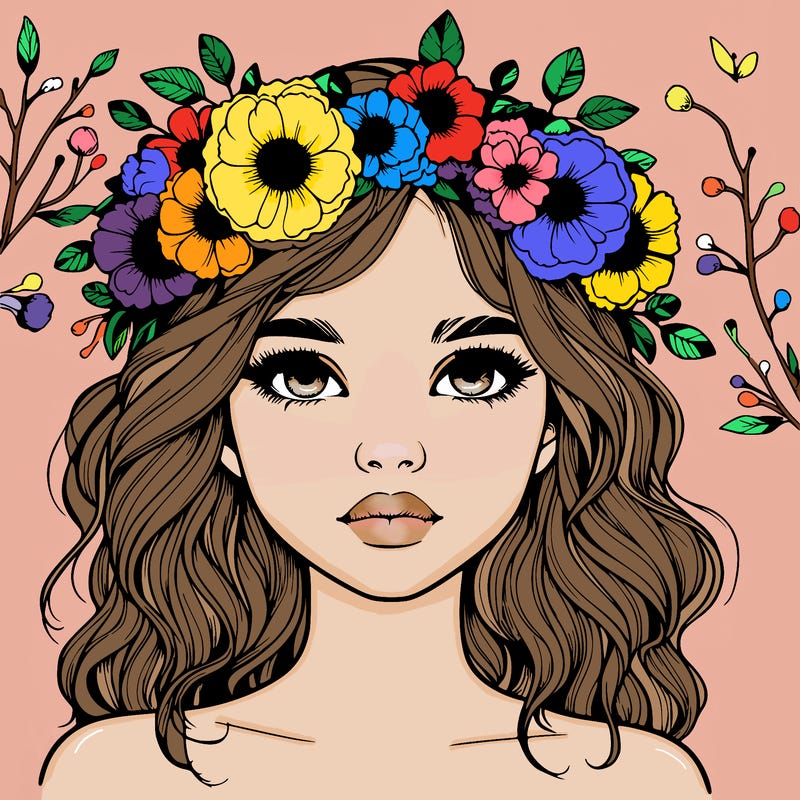 beautiful realistic girl with freckles and a flower crown