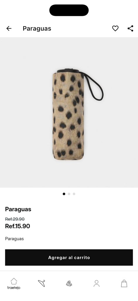 Traetelo Fashion Shopping - Pagina di dettaglio del prodotto dell'app Traetelo che mostra un ombrello con stampa leopardata con prezzo e pulsante aggiungi al carrello