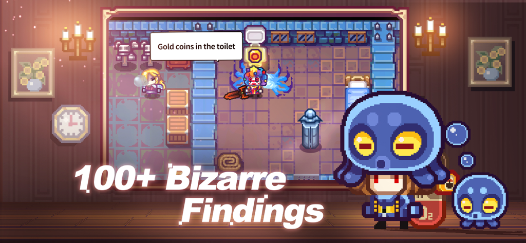 Elona Mobile - Pixel art gameplay of Elona Mobile showing bizarre findings and characters in a retro RPG style.