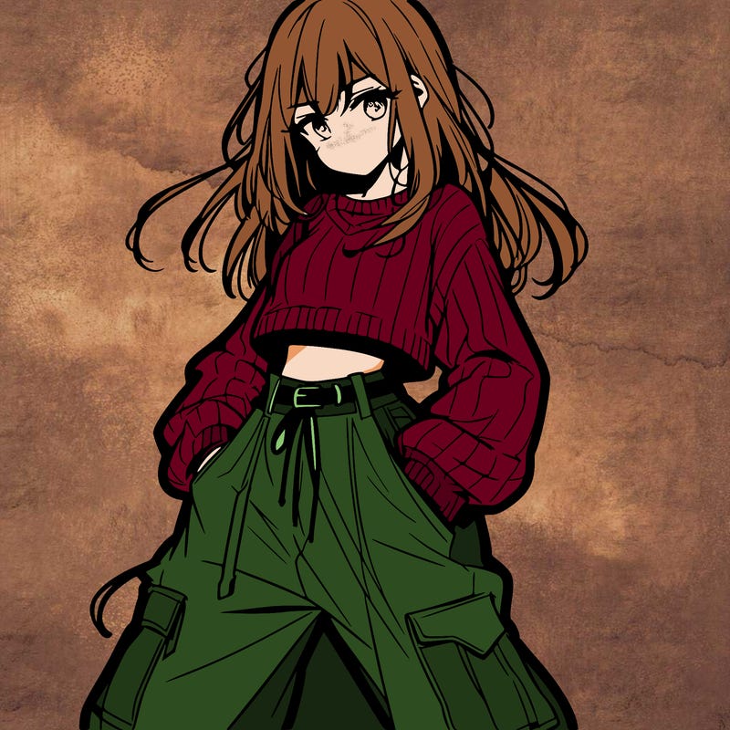 anime teen girl with baggy pants and crop top with sweater