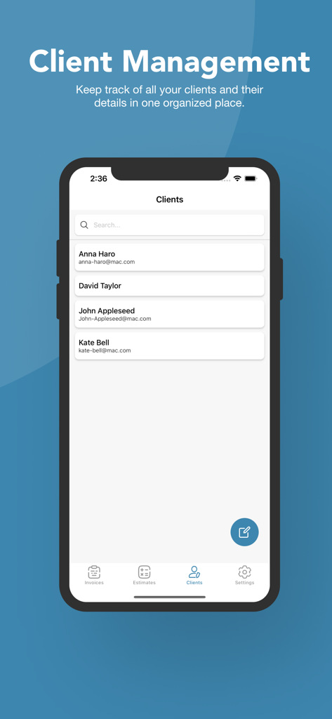 InvoiCraft請求書作成アプリのビジネス顧客リストを表示するモバイル画面