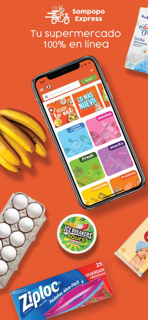 Sompopo Express Mobile App-Oberfläche, die Lebensmittelkategorien mit frischen Produkten und Haushaltsartikeln anzeigt.