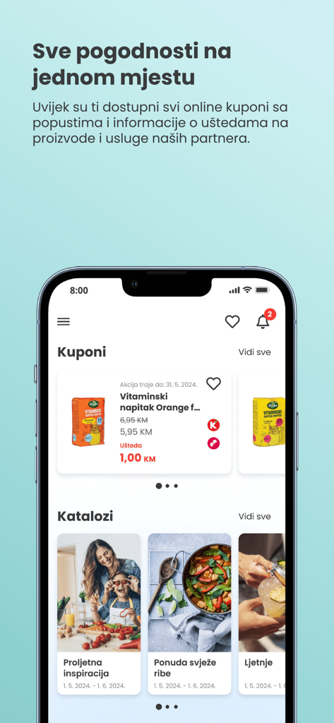 Pantalla de smartphone que muestra cupones digitales y catálogos de compras en la aplicación de lealtad Pika Kartica BiH.